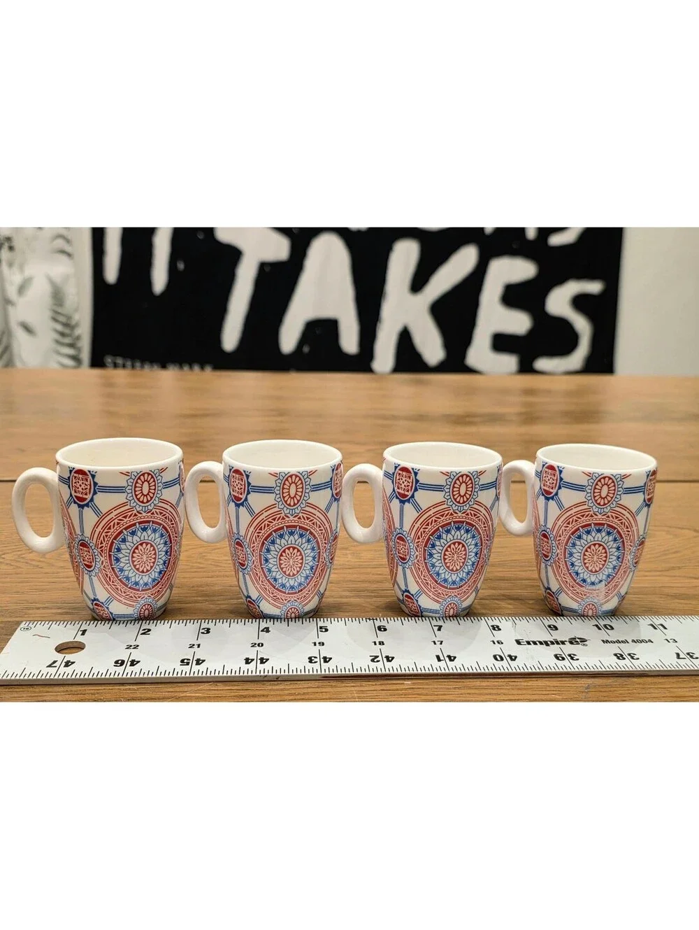Set of 4 Pier 1 Imports Demitasse Espresso Cups Boho Red Blue Mandala Pattern